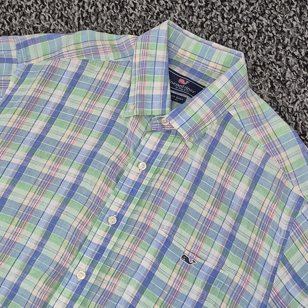 Vineyard Vines 100% LINEN Mens Large Classic Tucker‎ Shirt Plaid Short Sleeve